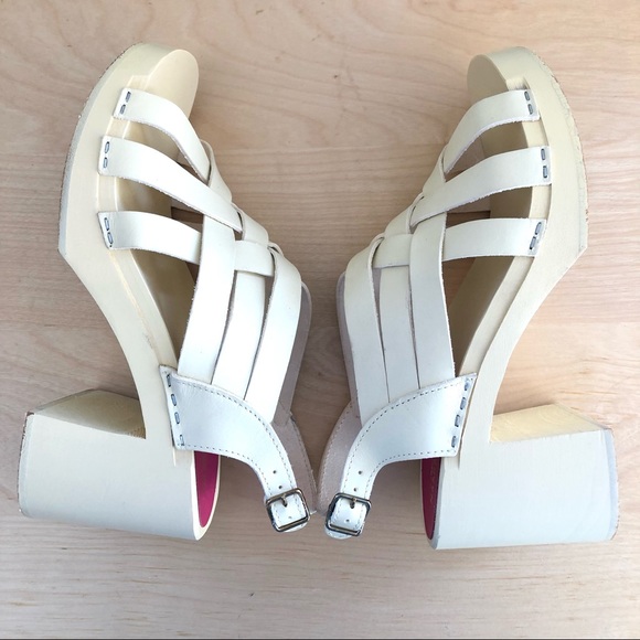 Swedish Hasbeens Vivi Caged Crisscross Leather Block Heel Clogs - Picture 13 of 15